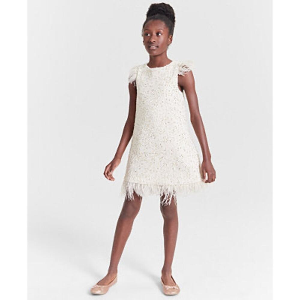 Rare Editions Girls 10 Gold Foil Boucle Dress Feather Fringe Holiday Party